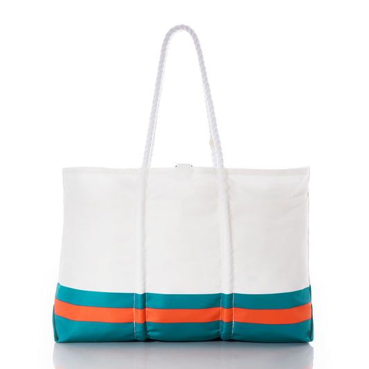 Introducing the Miami Dolphins Tailgate Tote by Sea Bags—a white recycled sail cloth tote featuring sturdy white rope handles, accented with horizontal teal and orange stripes near the bottom. Set against a crisp white background, this stylish and eco-friendly bag is perfect for your next tailgate or beach outing. by Sea Bags