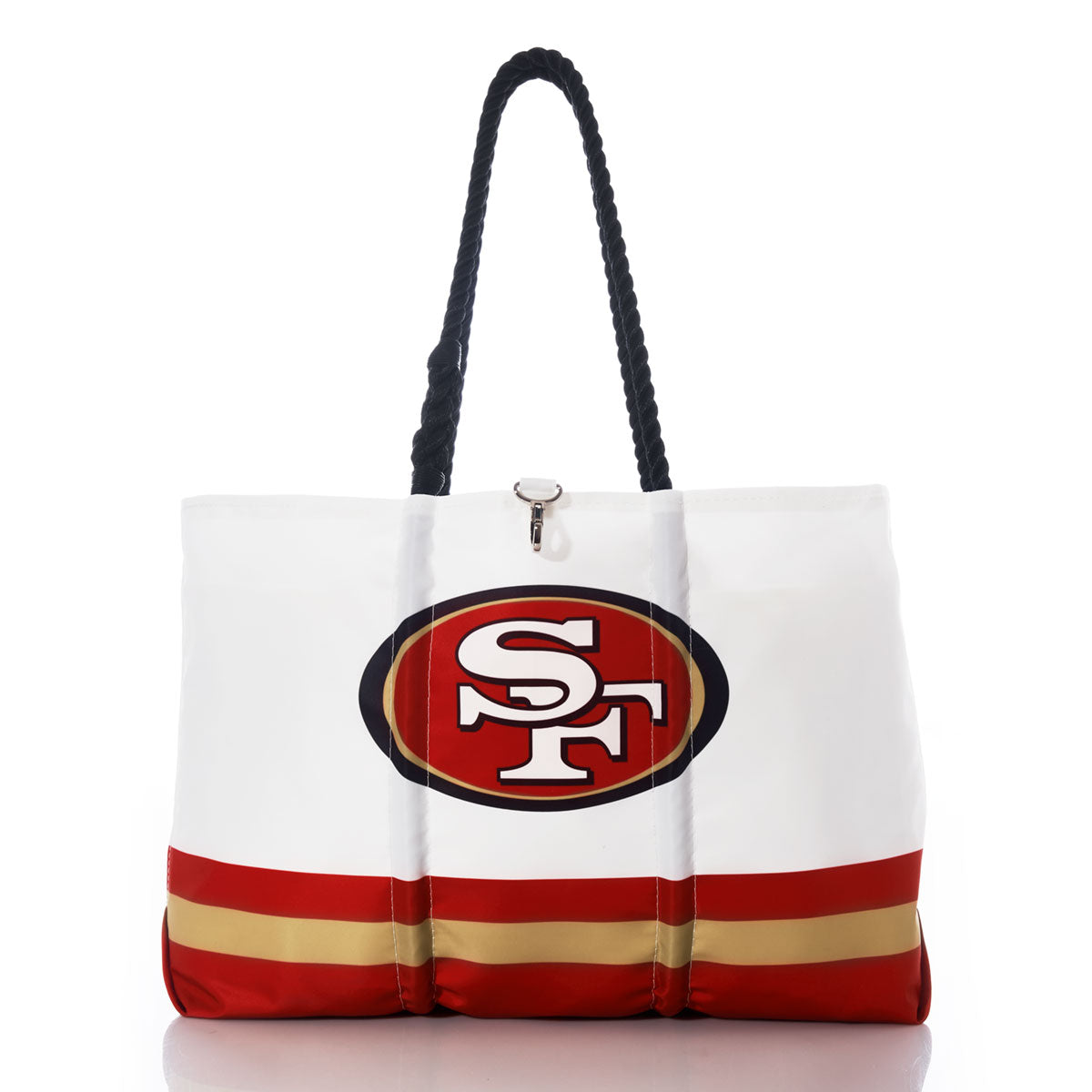 Show off your team spirit in style with the San Francisco 49ers Tailgate Tote by Sea Bags. This eco-friendly white tote features bold black handles, the iconic 49ers logo, and eye-catching red and gold stripes near the bottom—making it the perfect sustainable accessory for every fan. by Sea Bags