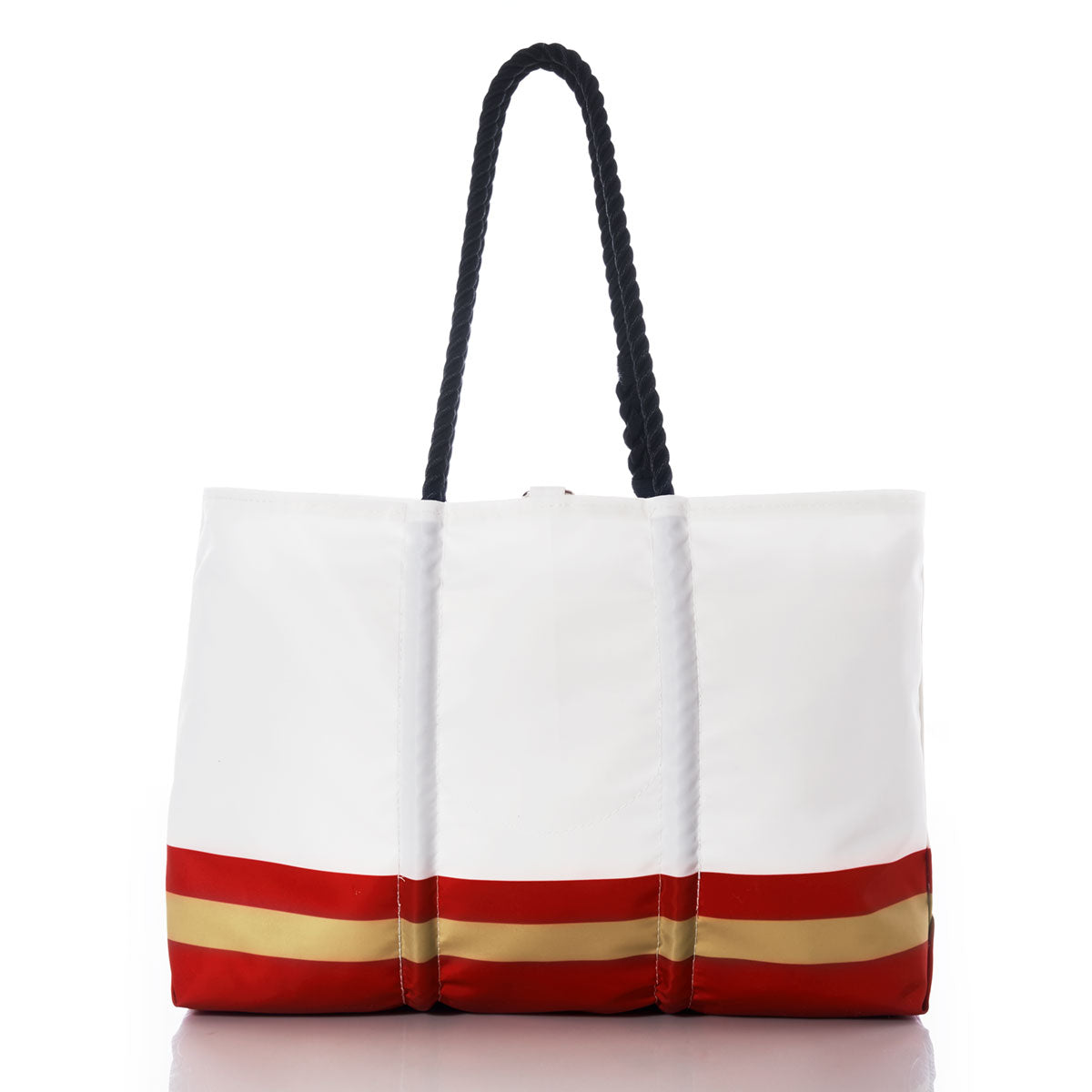 The San Francisco 49ers Tailgate Tote by Sea Bags is an eco-friendly white tote bag with black handles, accented by bold red and gold horizontal stripes near the base. Crafted from recycled sail cloth and displayed on a white background, this stylish and sustainable logo bag is perfect as a unique football tailgate accessory. by Sea Bags