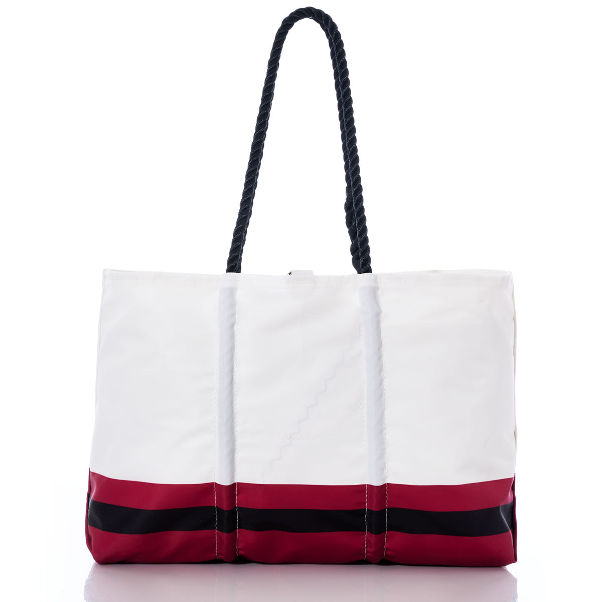 The Arizona Cardinals Tailgate Tote by Sea Bags features black rope handles and two horizontal maroon and black stripes near the bottom, crafted from recycled sail cloth and shown on a white background. by Sea Bags