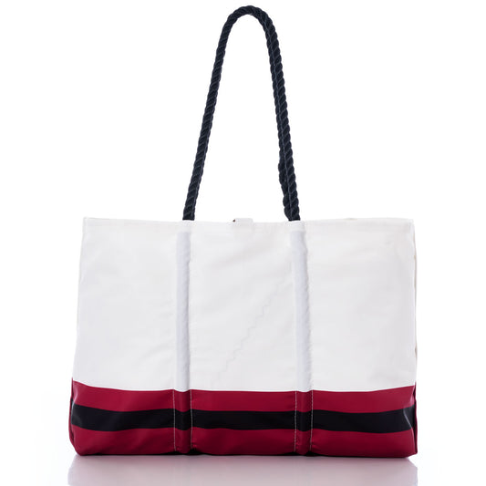 The Arizona Cardinals Tailgate Tote by Sea Bags features black rope handles and two horizontal maroon and black stripes near the bottom, crafted from recycled sail cloth and shown on a white background. by Sea Bags