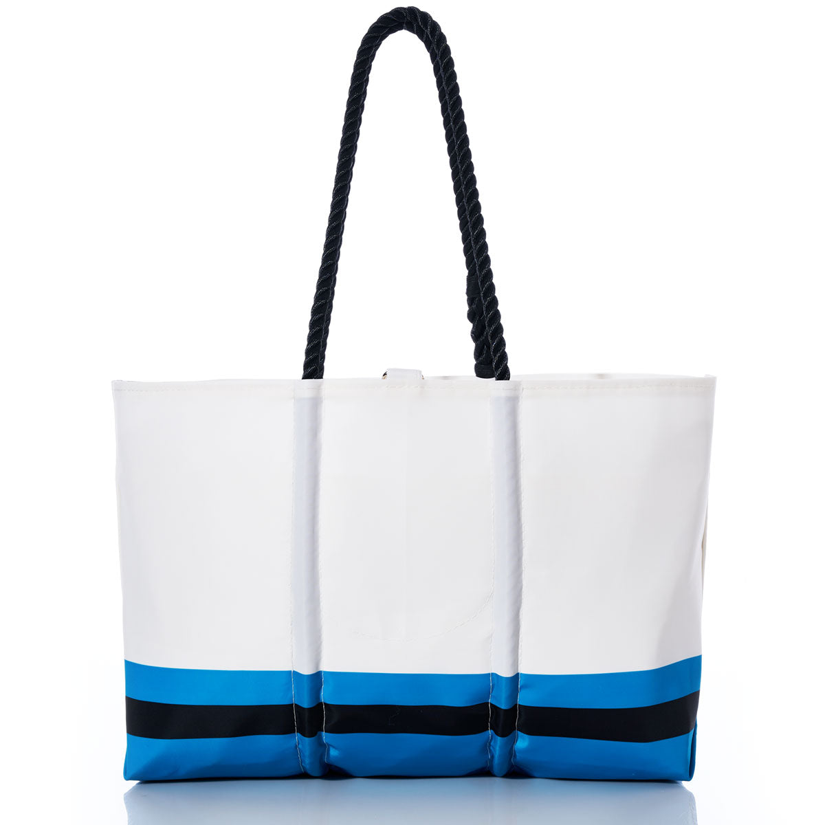 The Sea Bags Carolina Panthers Tailgate Tote, crafted from recycled sail cloth, features black rope handles and blue and black horizontal stripes near the bottom—a stylish choice for fans who appreciate sustainable fashion. Shown here against a white background. by Sea Bags