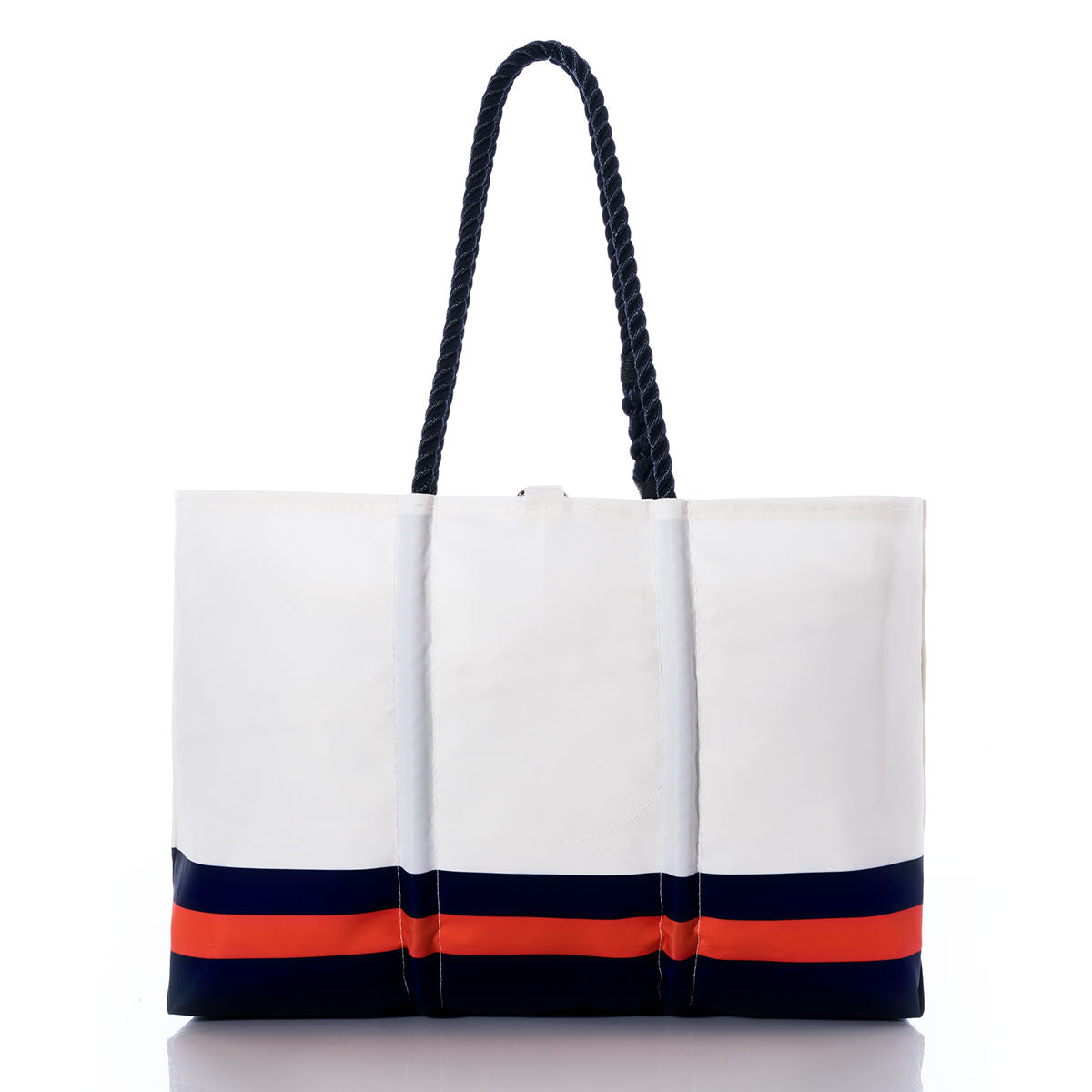 Chicago Bears Tailgate Tote by Sea Bags—a white tote bag with black rope handles, crafted from recycled sail cloth and featuring navy blue and orange horizontal stripes near the bottom, shown on a white background; a stylish choice for game day. by Sea Bags