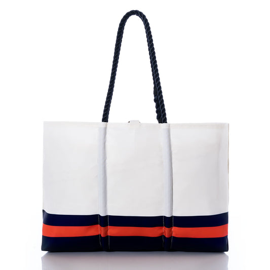 Chicago Bears Tailgate Tote by Sea Bags—a white tote bag with black rope handles, crafted from recycled sail cloth and featuring navy blue and orange horizontal stripes near the bottom, shown on a white background; a stylish choice for game day. by Sea Bags