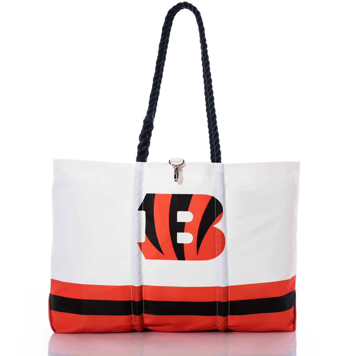 Showcase your team spirit with the Cincinnati Bengals Tailgate Tote from Sea Bags—a stylish white tote crafted from recycled sail cloth for extra durability, featuring black rope handles, bold orange and black stripes, and a distinctive B logo in the center. Perfect for Bengals fans seeking an eco-friendly accessory. by Sea Bags