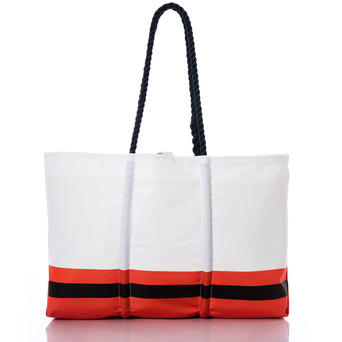 The Cincinnati Bengals Tailgate Tote by Sea Bags is a white tote bag made from recycled sail cloth, featuring black rope handles and two horizontal orange and black stripes near the base—perfect for stylish fans—shown against a plain white background. by Sea Bags