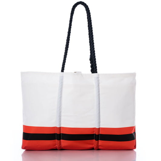 The Cincinnati Bengals Tailgate Tote by Sea Bags is a white tote bag made from recycled sail cloth, featuring black rope handles and two horizontal orange and black stripes near the base—perfect for stylish fans—shown against a plain white background. by Sea Bags