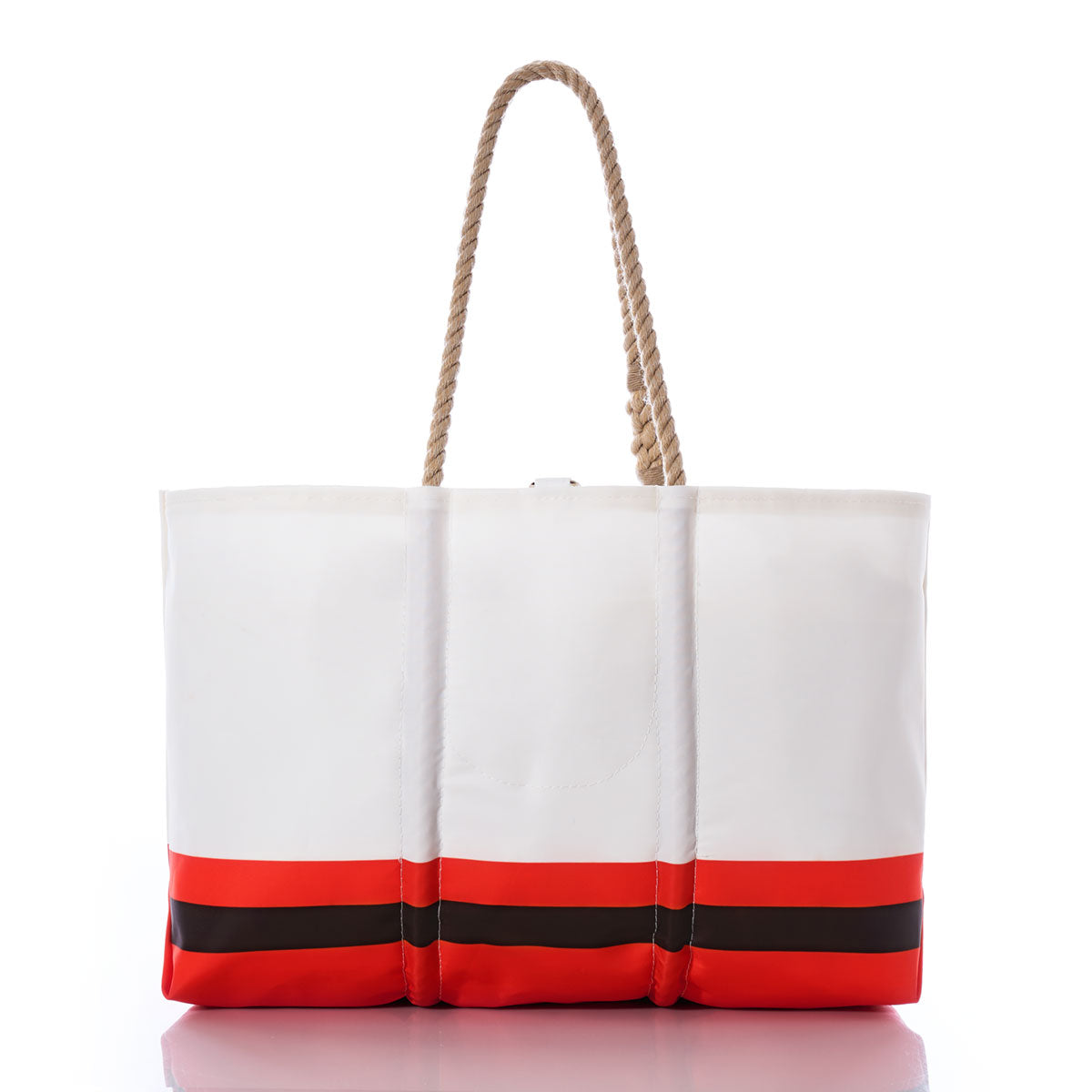 The Cleveland Browns Tailgate Tote by Sea Bags is a white sail cloth bag with rope handles, featuring a bold red and black horizontal stripe near the bottom in classic Browns style—perfect for your next tailgate, shown here on a white background. by Sea Bags