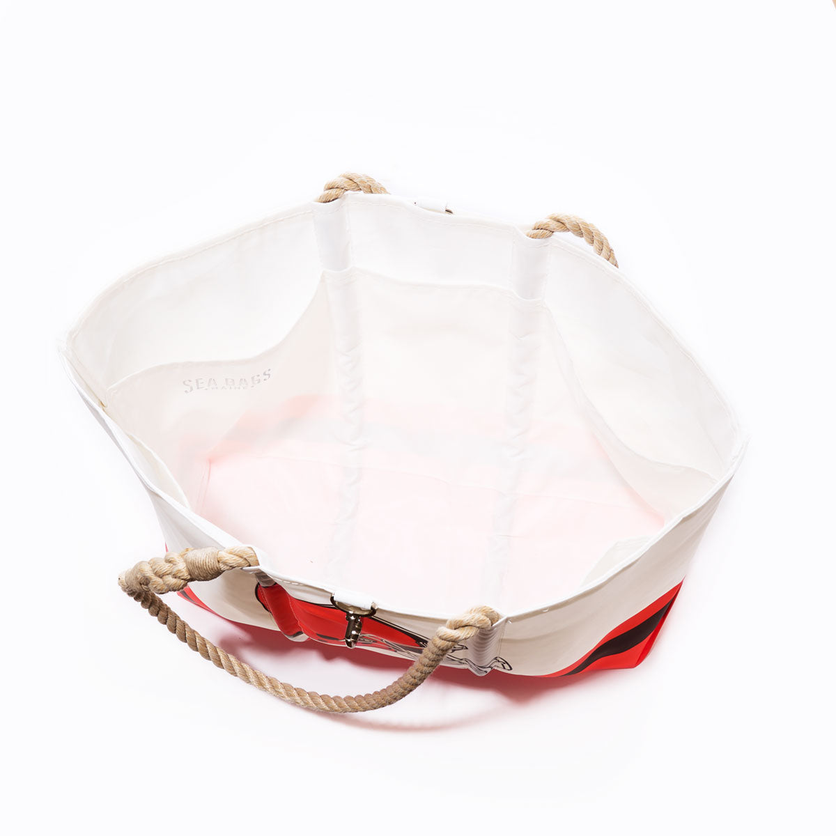 Sea Bags Cleveland Browns Tailgate Tote, crafted from white sail cloth with rope handles, is shown open to reveal its empty interior and photographed against a white background—a perfect bag for Cleveland Browns fans. by Sea Bags