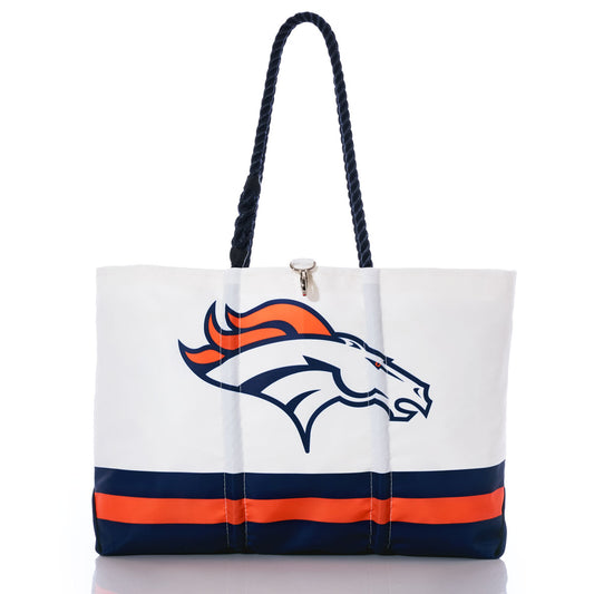 Introducing the Denver Broncos Tailgate Tote by Sea Bags—a stylish recycled sail cloth tote bag featuring navy and orange stripes, a bold Broncos horse logo, and twisted rope handles. Perfect for fans who value both team spirit and sustainability. by Sea Bags