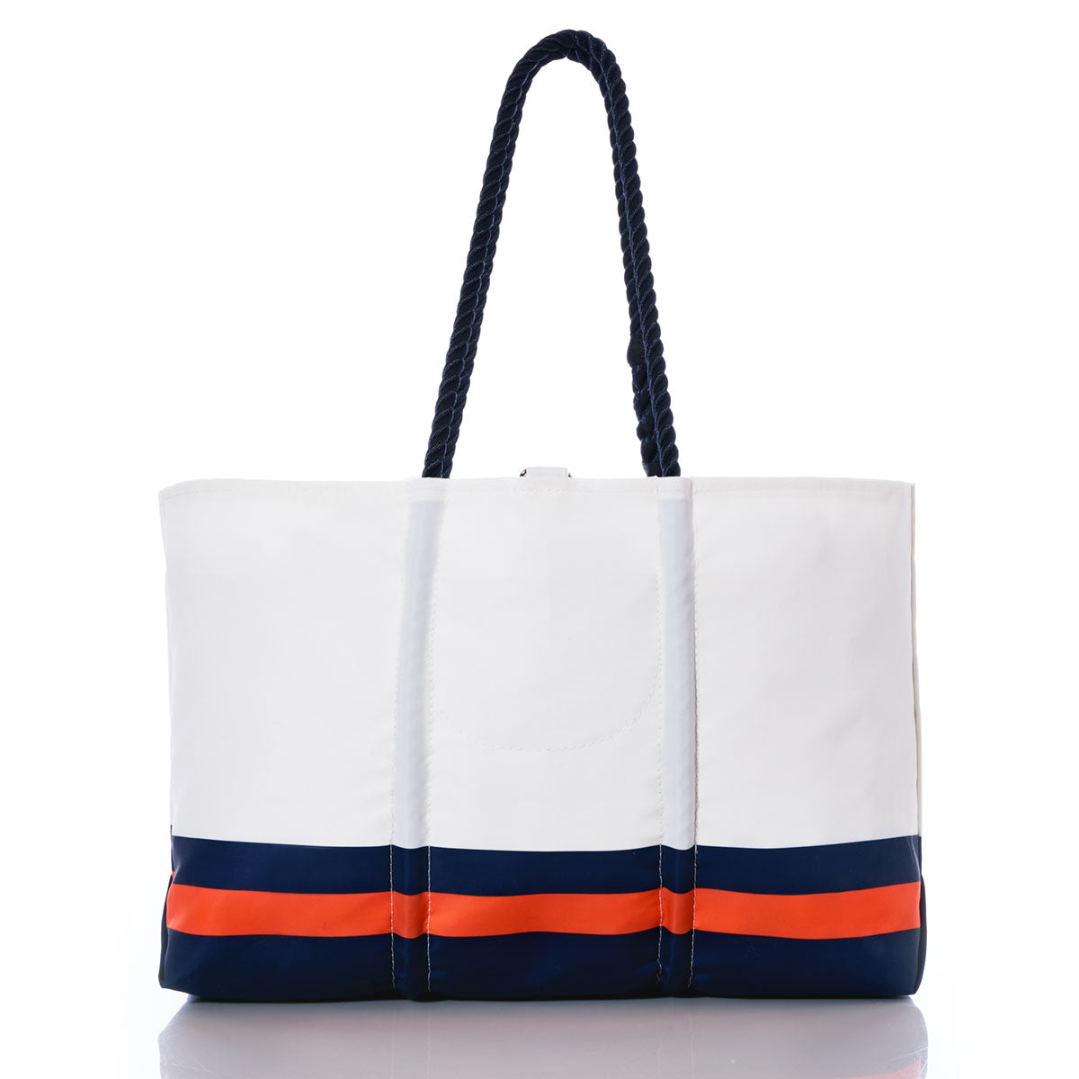 Sea Bags Denver Broncos Tailgate Tote crafted from white recycled sail cloth, featuring navy blue rope handles and bold navy blue and orange stripes near the bottom, displayed against a white background. by Sea Bags