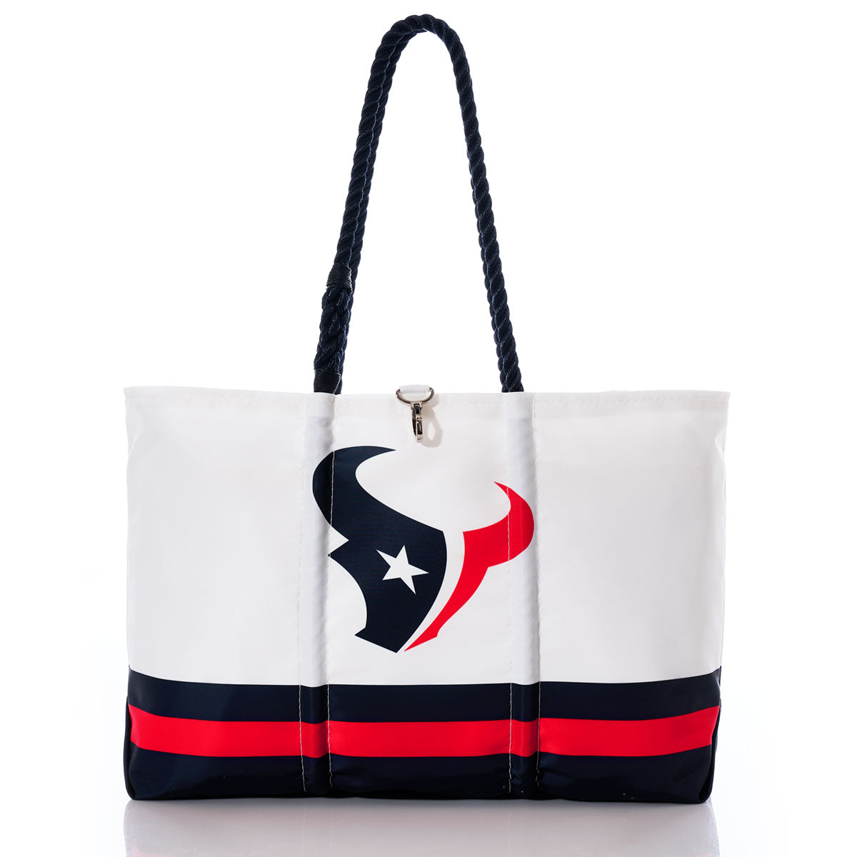 Crafted from white recycled sail cloth with bold black and red stripes, the Sea Bags Houston Texans Tailgate Tote features sturdy navy rope handles and a signature logo showcasing a stylized bull head with a star—making it the perfect accessory for any Texans fan. by Sea Bags
