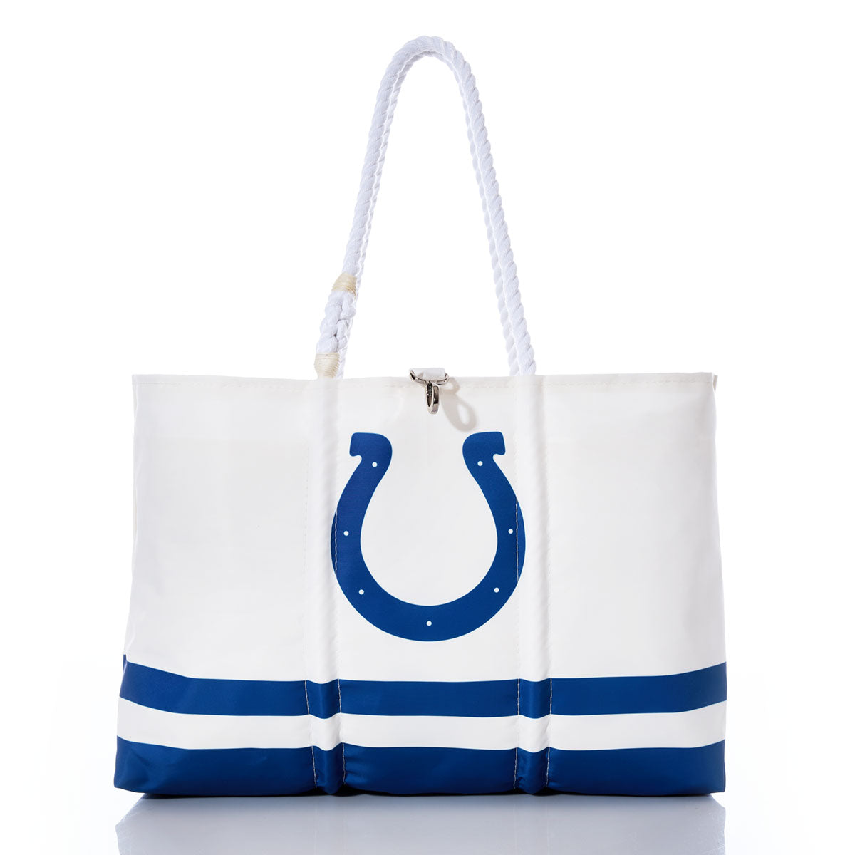 Introducing the Indianapolis Colts Tailgate Tote by Sea Bags: a white sail cloth tote adorned with bold blue stripes and a blue horseshoe motif on the front, inspired by the iconic Indianapolis Colts. Featuring sturdy white rope handles and a secure top zipper closure, this bag blends sporty style with everyday practicality. by Sea Bags