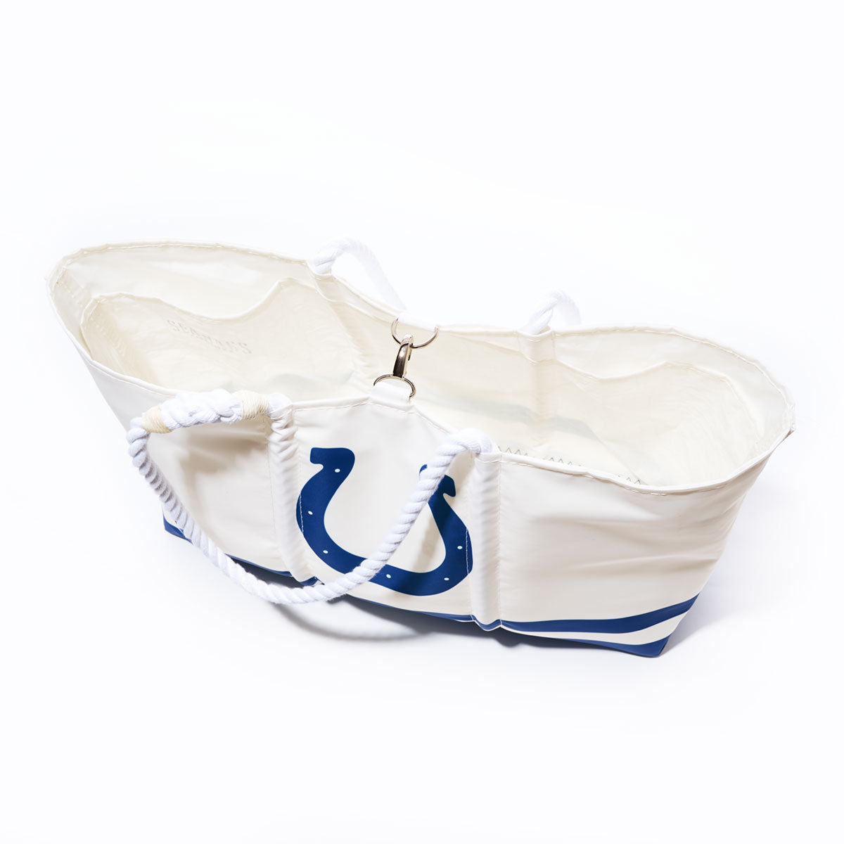 The Sea Bags Indianapolis Colts Tailgate Tote, crafted from white sail cloth with blue accents, showcases the team’s iconic horseshoe logo and features sturdy rope handles and a secure clasp, photographed on a white background. by Sea Bags