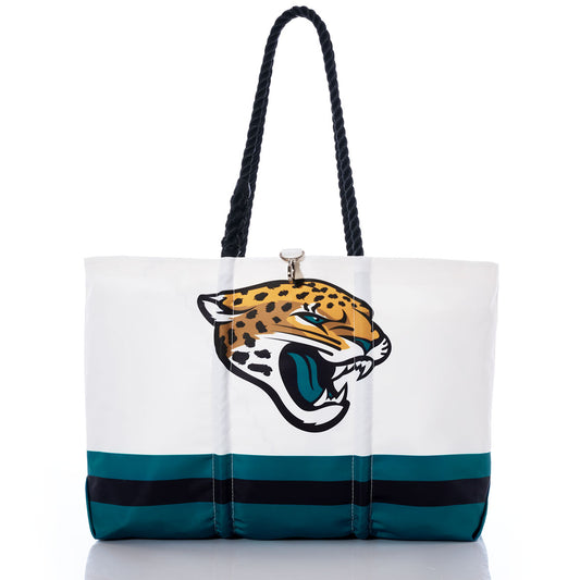 Show your team pride with the Sea Bags Jacksonville Jaguars Tailgate Tote, crafted from recycled sail cloth and designed with bold black and teal stripes, a prominent Jaguars head logo on the front, and sturdy black rope handles—perfect for NFL fans on the move. by Sea Bags