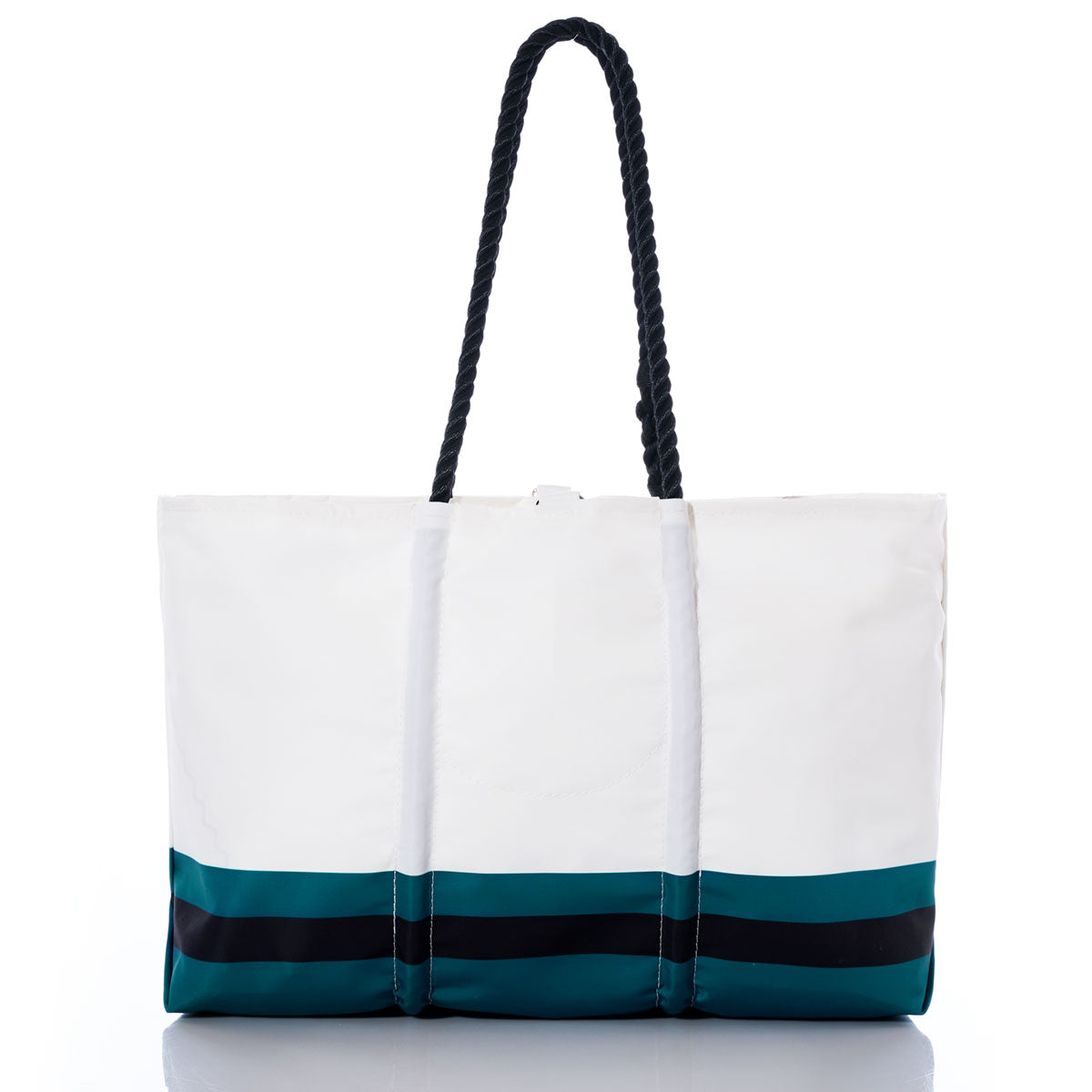 The Sea Bags Jacksonville Jaguars Tailgate Tote is a white tote bag featuring black rope handles and teal and black horizontal stripes near the base, crafted from recycled sail cloth—perfect for fans who want a subtle nod to their team. It is shown against a plain white background. by Sea Bags