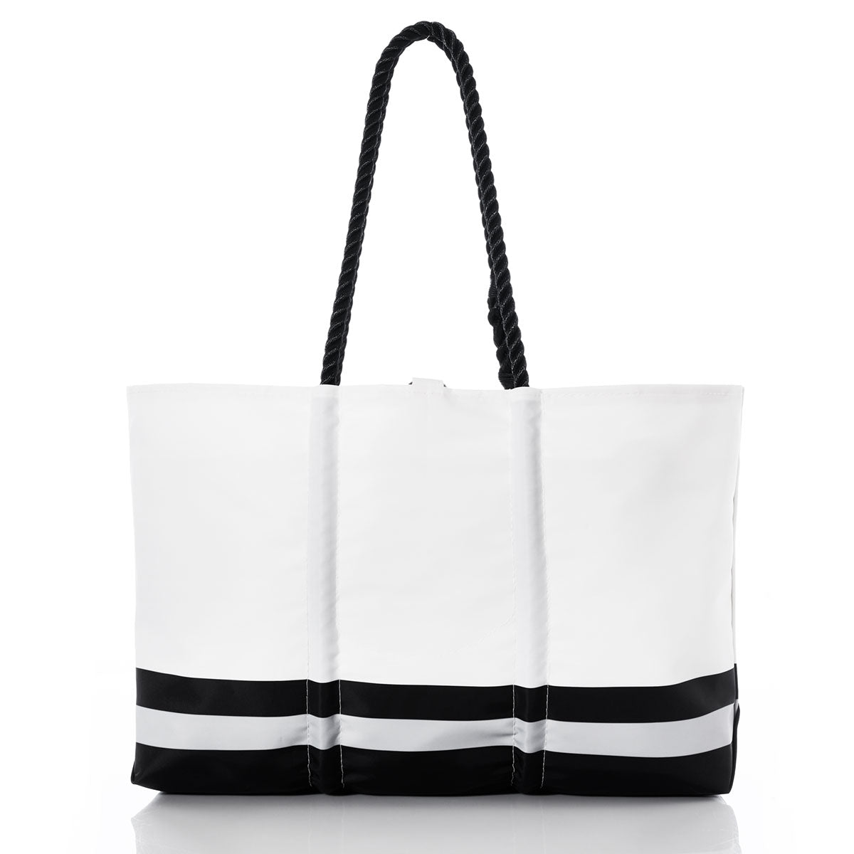 The Sea Bags Las Vegas Raiders Tailgate Tote, crafted from recycled sail cloth, features black rope handles and two horizontal black stripes at the bottom, taking inspiration from classic NFL logo tote designs. Displayed on a white background, it’s an ideal addition to any Las Vegas Raiders bag collection. by Sea Bags