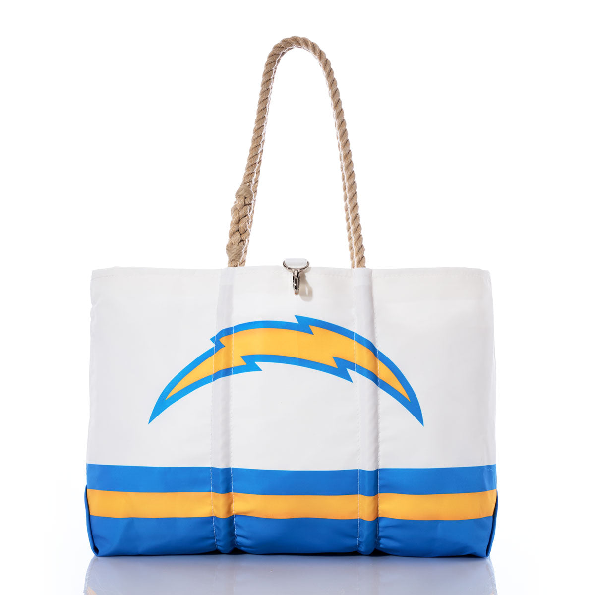 The Los Angeles Chargers Tailgate Tote by Sea Bags is crafted from white recycled sail cloth with rope handles, and features a blue and yellow lightning bolt design alongside a blue and yellow stripe near the base—a perfect bag for your next Chargers tailgate. by Sea Bags