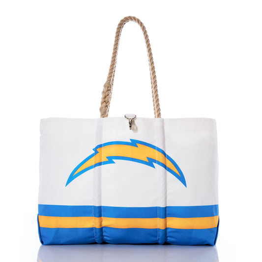 The Los Angeles Chargers Tailgate Tote by Sea Bags is crafted from white recycled sail cloth with rope handles, and features a blue and yellow lightning bolt design alongside a blue and yellow stripe near the base—a perfect bag for your next Chargers tailgate. by Sea Bags