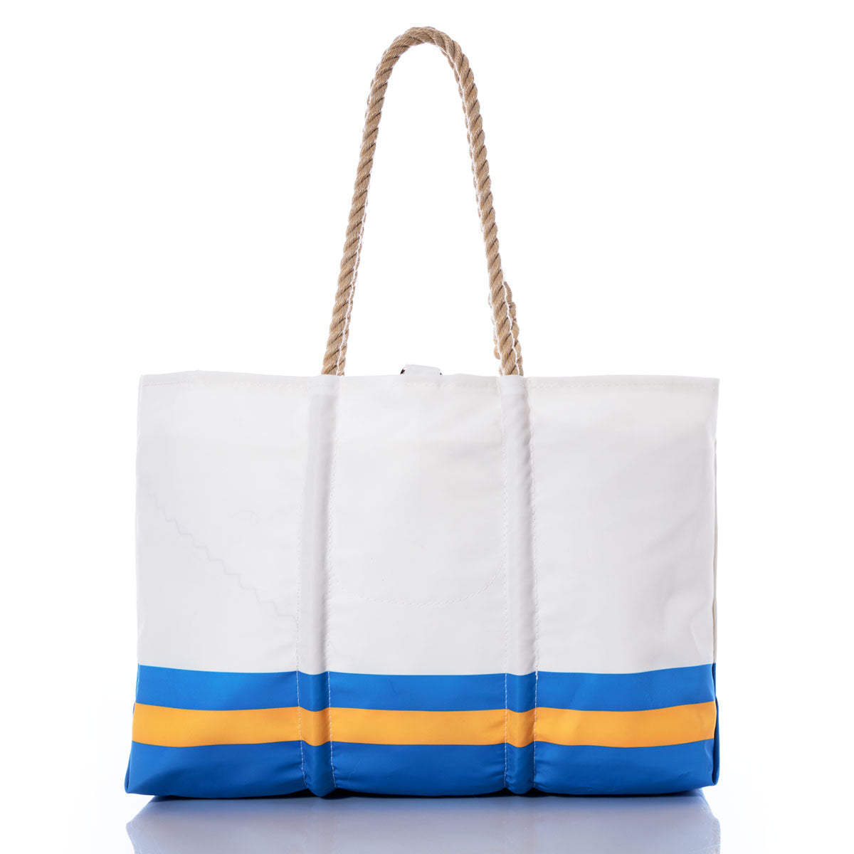 The Los Angeles Chargers Tailgate Tote by Sea Bags is a white tote bag with rope handles, accented by blue and yellow horizontal stripes near the bottom. Made from recycled sail cloth and shown on a white background, it’s perfect for fans who want to showcase their Chargers pride. by Sea Bags