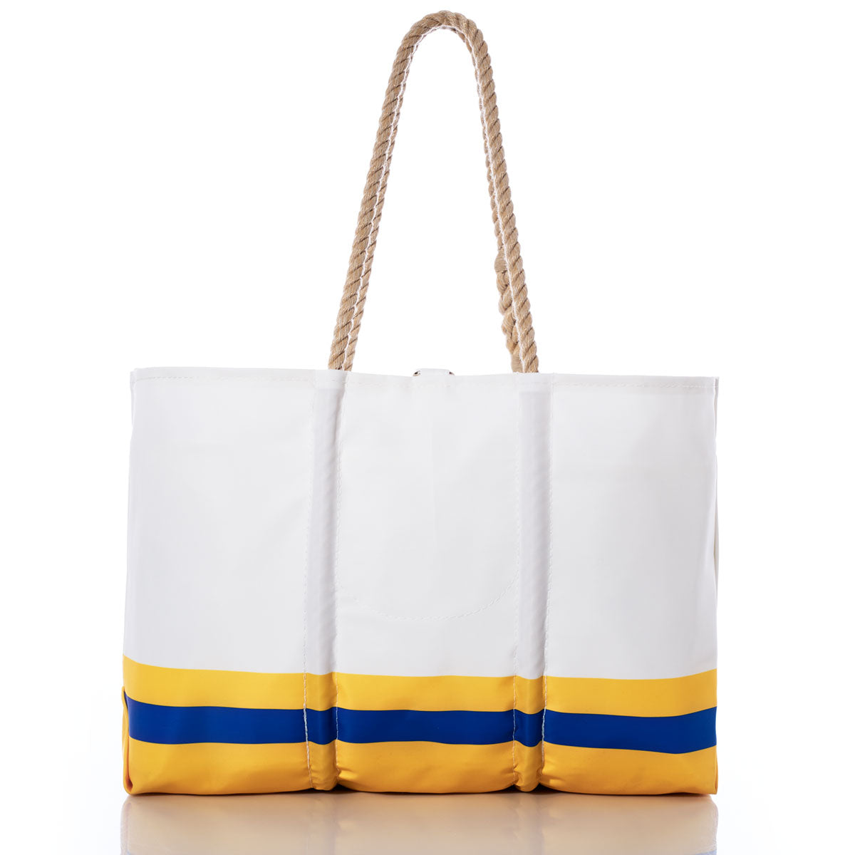 Sea Bags Los Angeles Rams Tailgate Tote, made from recycled sail cloth and featuring yellow and blue stripes near the bottom, with sturdy rope handles, shown against a white background. by Sea Bags