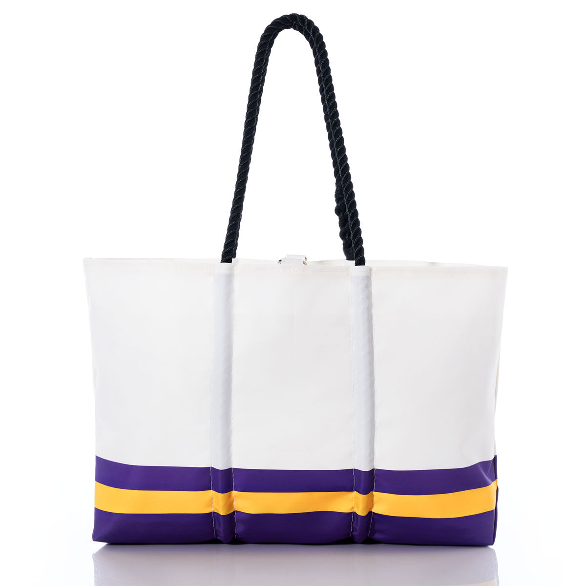 The Sea Bags Minnesota Vikings Tailgate Tote is a white bag with sturdy black rope handles, accented by horizontal purple and yellow stripes near the bottom. Made from recycled sail cloth for a one-of-a-kind, eco-friendly style, this tote is showcased against a white background. by Sea Bags