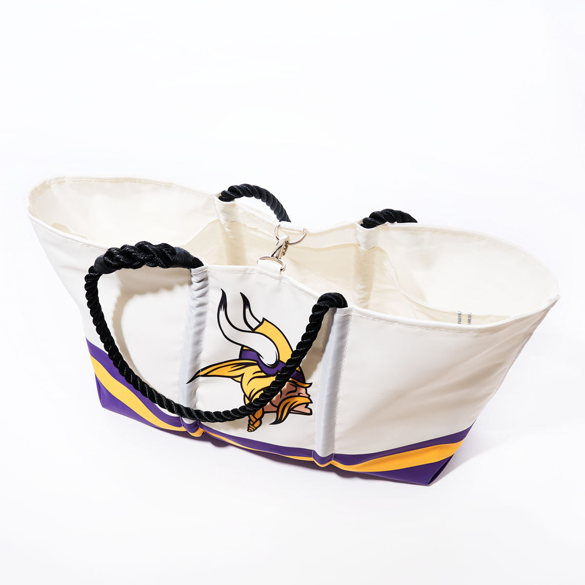 Sea Bags Minnesota Vikings Tailgate Tote, crafted from white recycled sail cloth and featuring black rope handles with purple and yellow accents and a printed Minnesota Vikings logo, displayed against a white background. by Sea Bags