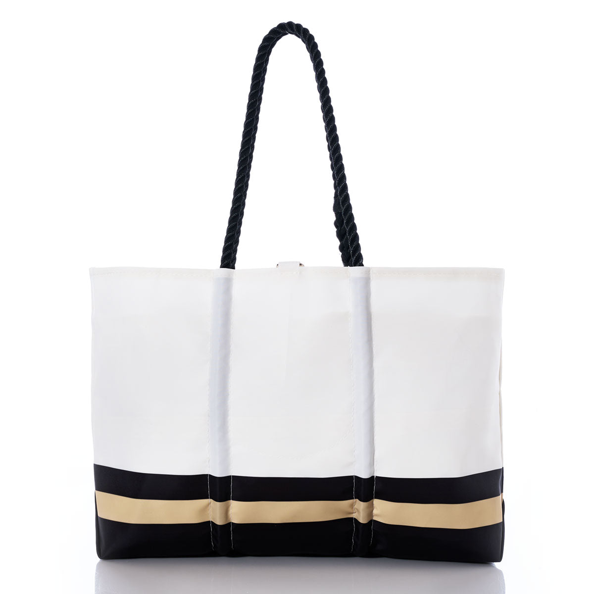 Introducing the New Orleans Saints Tailgate Tote by Sea Bags, crafted from recycled sail cloth and featuring two black rope handles with horizontal black and beige stripes near the base, set against a white background. by Sea Bags