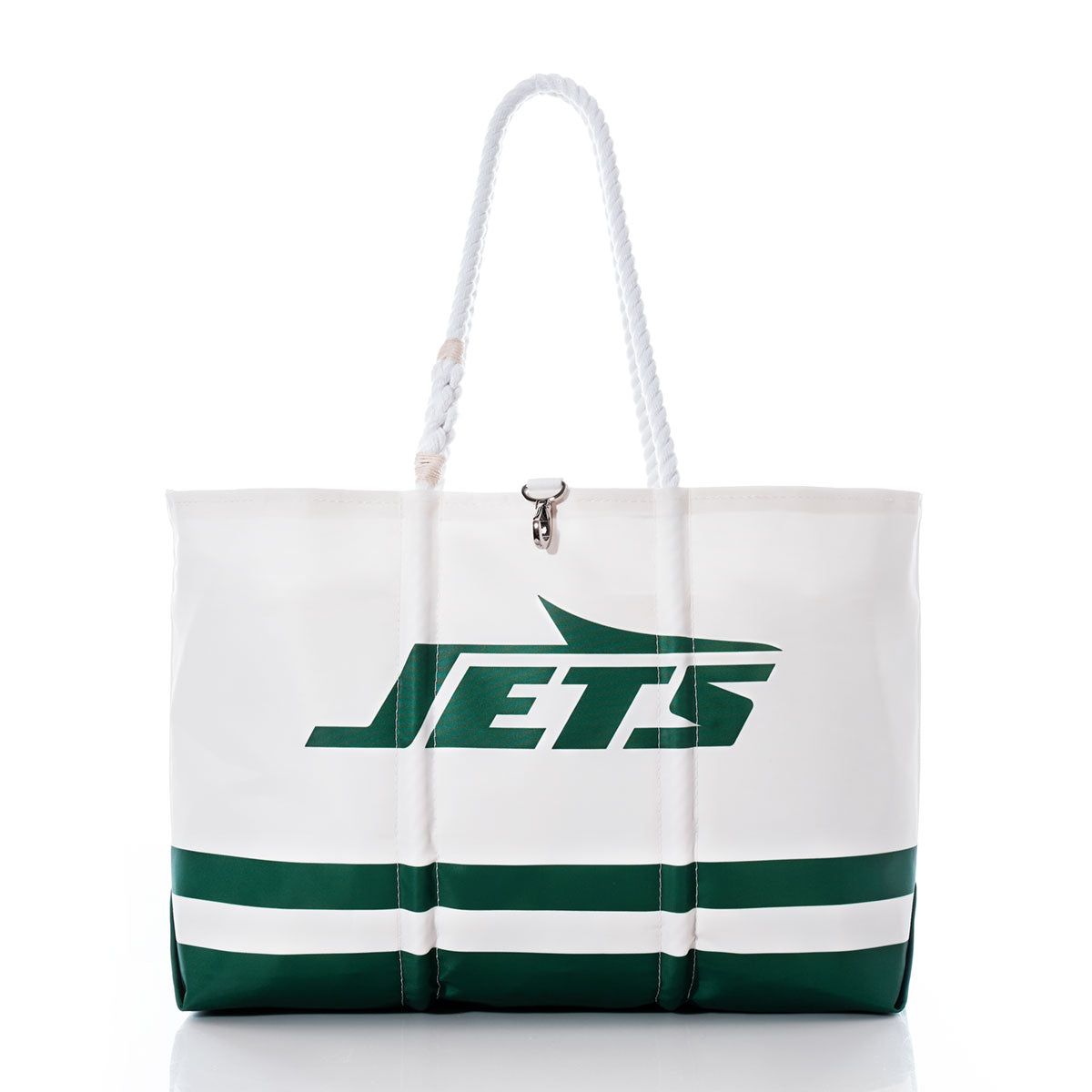 The Sea Bags New York Jets Tailgate Tote, crafted from recycled sail cloth with white and green accents, features rope handles and a bold “JETS” logo, shown upright against a white background. by Sea Bags