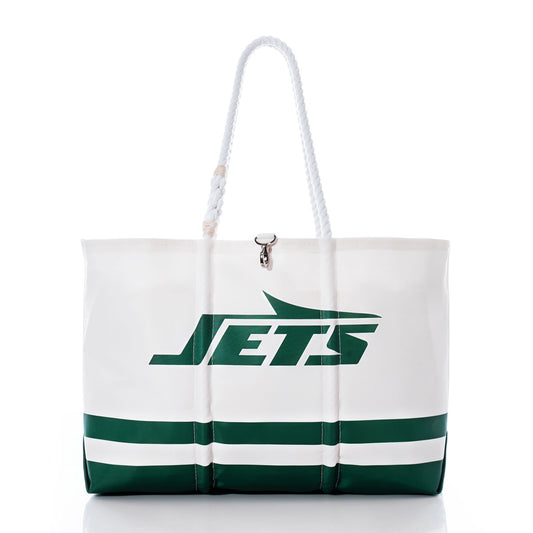 The Sea Bags New York Jets Tailgate Tote, crafted from recycled sail cloth with white and green accents, features rope handles and a bold “JETS” logo, shown upright against a white background. by Sea Bags