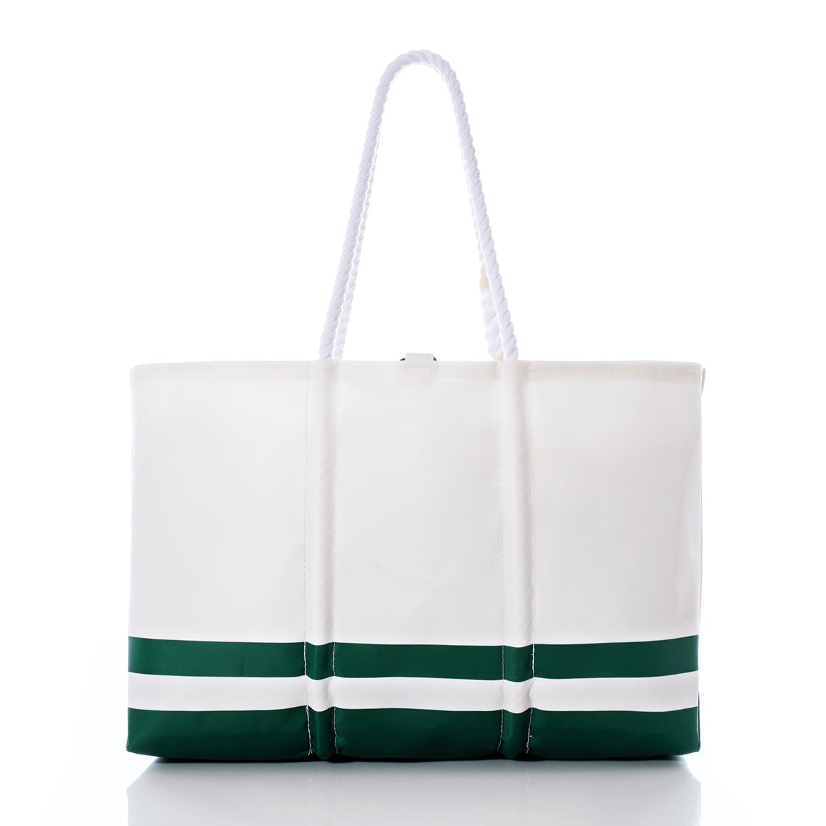 The Sea Bags New York Jets Tailgate Tote is a white recycled sail cloth tote bag featuring two green horizontal stripes near the bottom, white rope handles, and a smooth, structured design—an ideal choice for fans seeking a unique and stylish Jets accessory. by Sea Bags