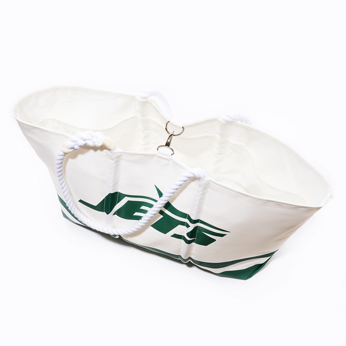 New York Jets Tailgate Tote by Sea Bags, made from recycled sail cloth with twisted rope handles and a green New York Jets logo, shown from above on a plain white background. by Sea Bags