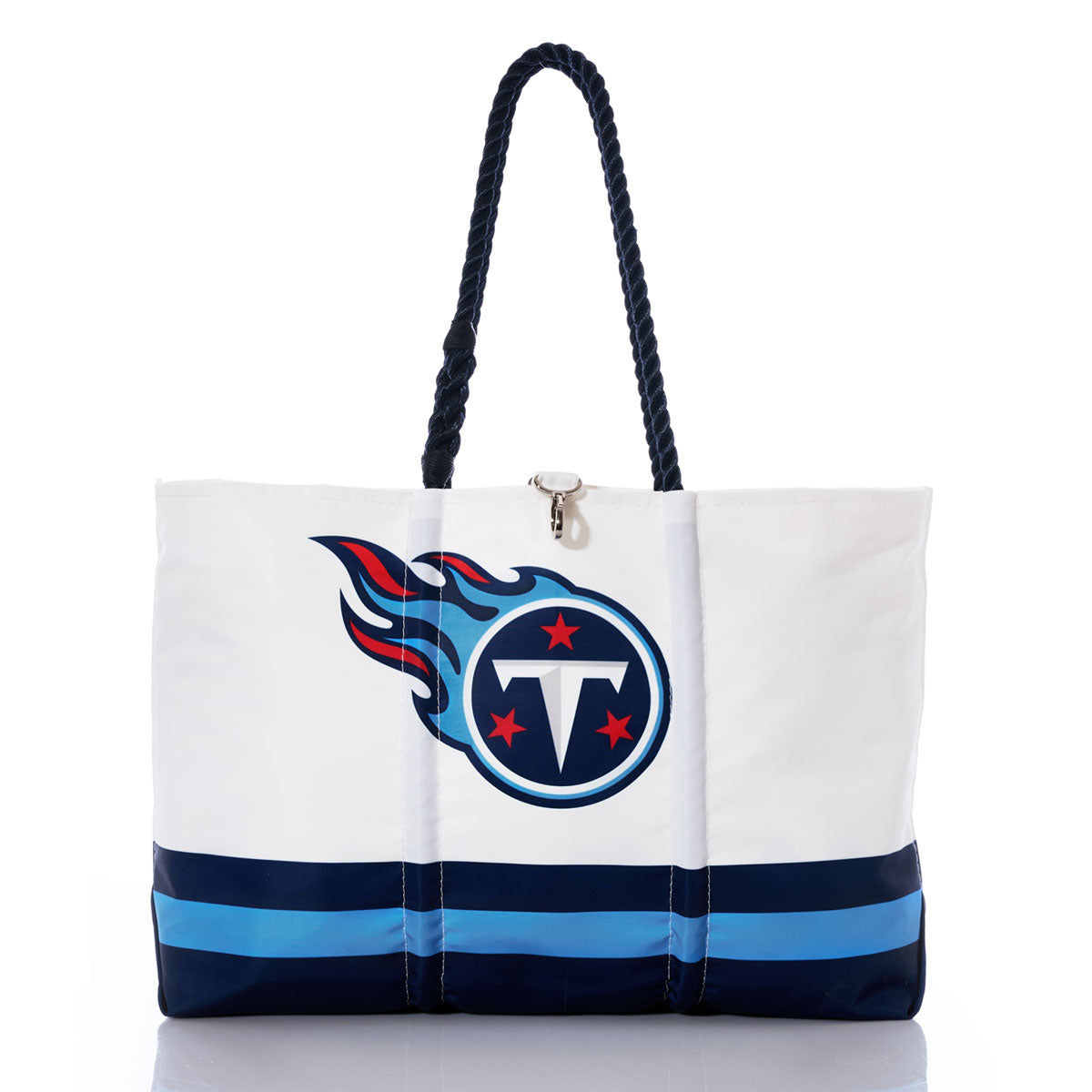 Crafted from recycled sail cloth, the Tennessee Titans Tailgate Tote by Sea Bags showcases navy handles, bold blue stripes along the bottom, and the iconic sports team logo featuring a flaming circle, T, and three stars—making it the ultimate NFL accessory for true Titans fans. by Sea Bags