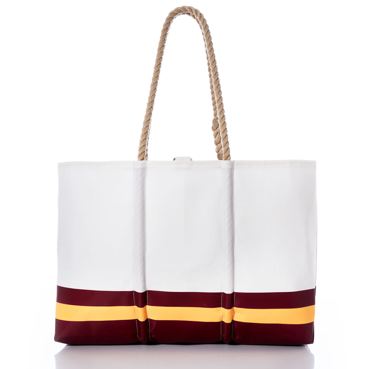 The Washington Commanders Tailgate Tote by Sea Bags is a white tote bag featuring tan rope handles and maroon and yellow horizontal stripes near the bottom, inspired by the Commanders’ team colors. Made from recycled sail cloth, it is photographed on a white background. by Sea Bags