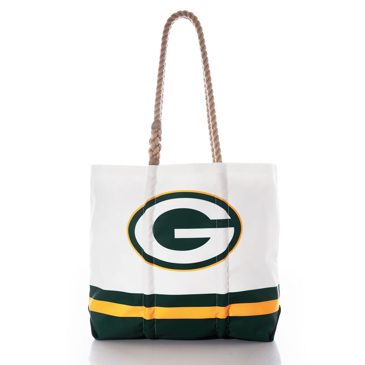 The Sea Bags Green Bay Packers Medium Tote is crafted from recycled sail cloth for durability and eco-friendliness. This white tote features rope handles, the iconic Green Bay Packers G logo, and green and yellow stripes along the bottom. by Sea Bags