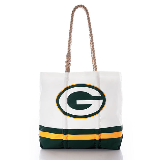 The Sea Bags Green Bay Packers Medium Tote is crafted from recycled sail cloth for durability and eco-friendliness. This white tote features rope handles, the iconic Green Bay Packers G logo, and green and yellow stripes along the bottom. by Sea Bags