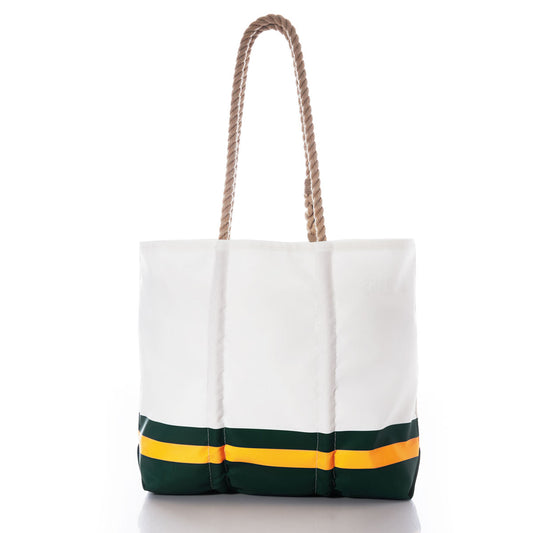 Sea Bags Green Bay Packers Medium Tote with rope handles, featuring green and yellow stripes near the bottom. This tote is photographed on a white background. by Sea Bags