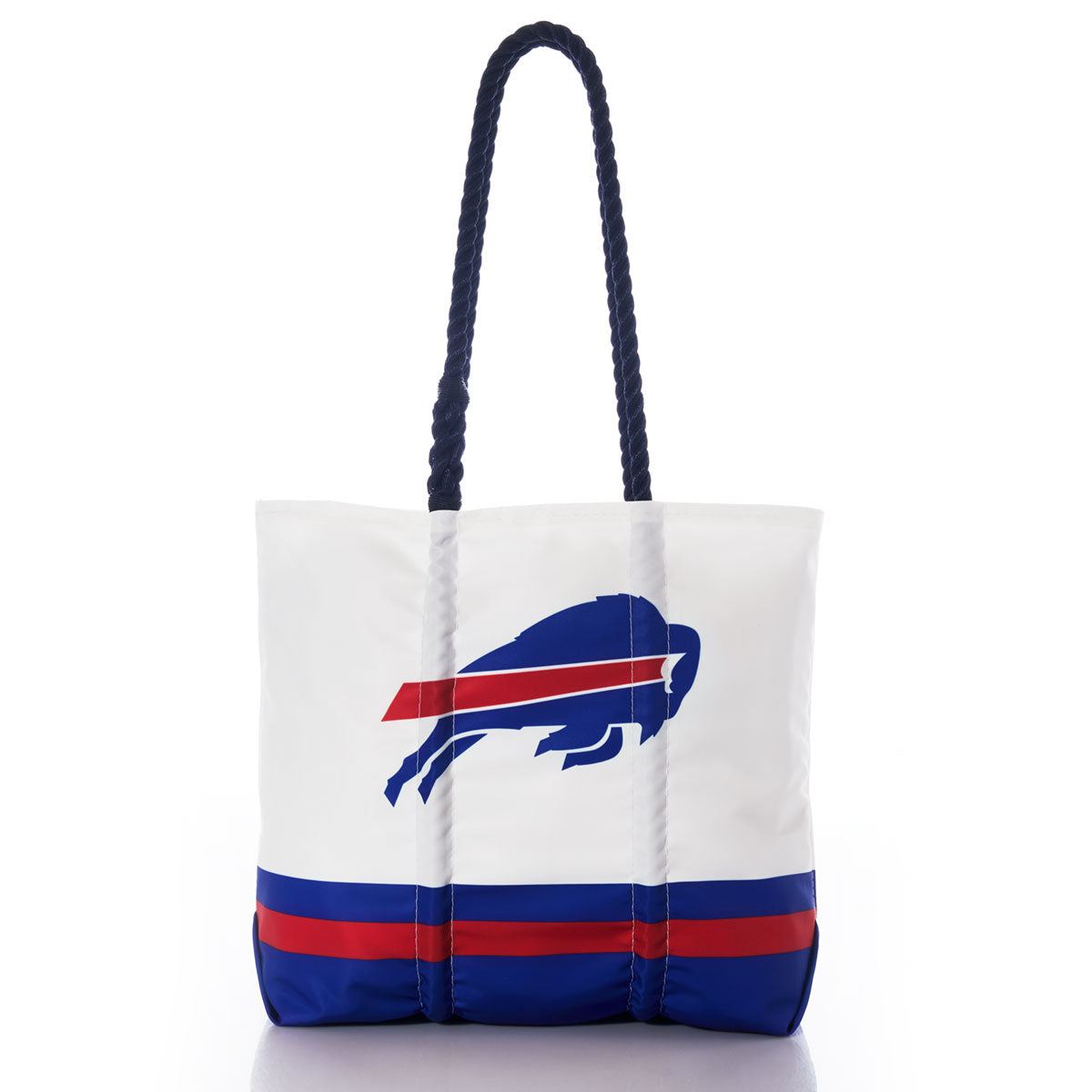 The Sea Bags Buffalo Bills Medium Tote is crafted from white recycled sail cloth with blue rope handles and features a durable blue and red Buffalo Bills logo along with bold blue and red horizontal stripes near the bottom. by Sea Bags