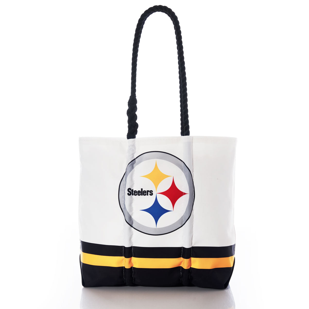 Introducing the Sea Bags Pittsburgh Steelers Medium Tote—a stylish and eco-friendly bag crafted from recycled sail cloth, featuring black handles, the iconic Pittsburgh Steelers logo, and a bold yellow and black stripe near the bottom. by Sea Bags