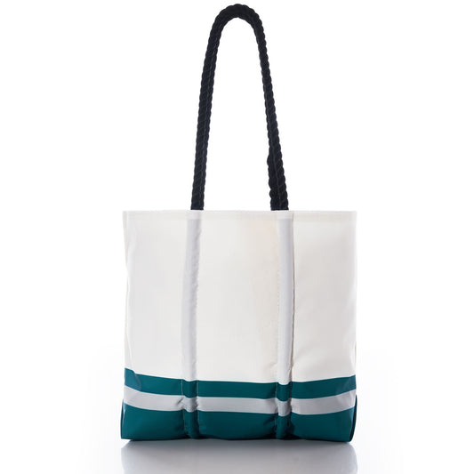 Sea Bags Philadelphia Eagles Medium Tote featuring navy rope handles and teal and gray stripes near the bottom, crafted from recycled sail cloth and photographed on a white background—perfect as a gift for any Philadelphia Eagles fan. by Sea Bags