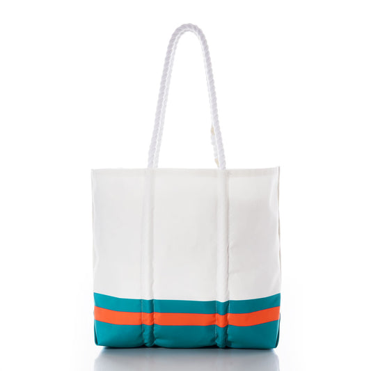 Sea Bags Miami Dolphins Medium Tote is crafted from recycled sail cloth for lasting durability, featuring classic rope handles and accented with teal and orange horizontal stripes near the bottom—a stylish nod to the iconic Dolphins design—all displayed on a white background. by Sea Bags