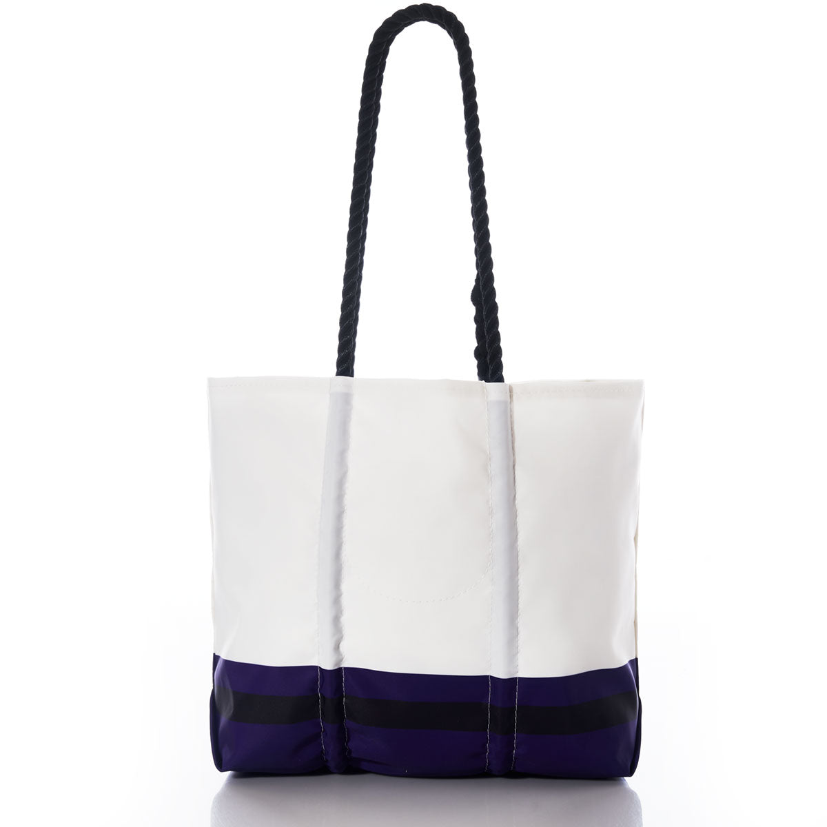 Show your Maryland pride with the Baltimore Ravens Medium Tote by Sea Bags—a white tote bag featuring black rope handles and a navy-blue and black striped bottom section, crafted from recycled sail cloth. Displayed on a white background. by Sea Bags