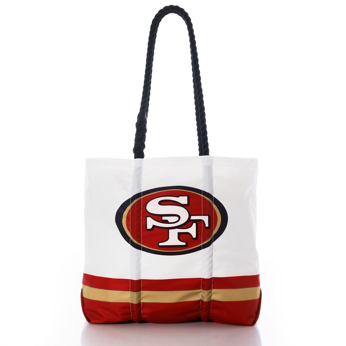 Show your San Francisco 49ers pride with the Sea Bags San Francisco 49ers Medium Tote. This eco-friendly tote features bold red and gold stripes near the bottom, black handles, and the teams logo on a white background. Crafted from recycled sail cloth, it’s a durable and stylish choice for fans looking to support their team while making a sustainable statement. by Sea Bags