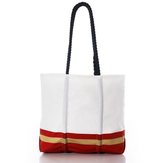 Carry your essentials in style with the Sea Bags San Francisco 49ers Medium Tote. Crafted from durable recycled sail cloth, this eco-friendly white bag is accented with bold red and gold horizontal stripes at the bottom—a tribute to the 49ers—and finished with two sturdy black rope handles, making it perfect for everyday use. by Sea Bags