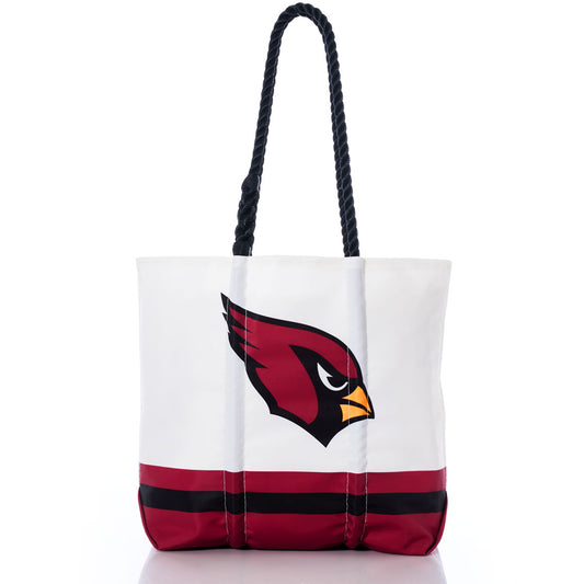 The Arizona Cardinals Medium Tote by Sea Bags features black rope handles, red and black stripes at the bottom, and a red cardinal head logo on the front—all crafted from recycled sail cloth for exceptional durability and style. by Sea Bags