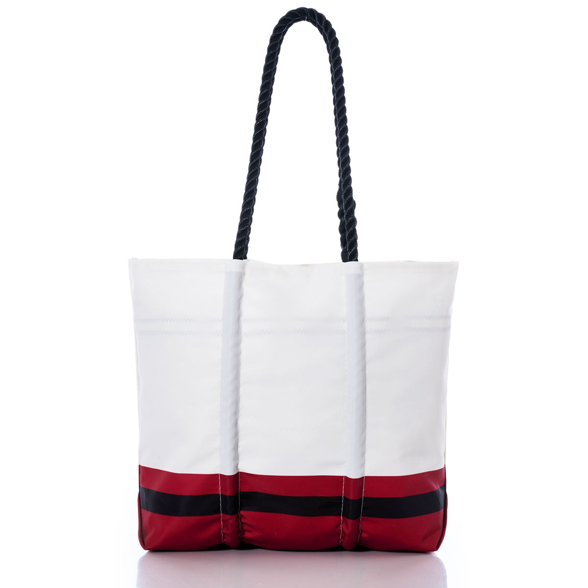 The Sea Bags Atlanta Falcons Medium Tote is crafted from recycled sail cloth and features black rope handles, along with two horizontal red and black stripes near the bottom. Photographed on a white background, this eco-friendly NFL accessory blends sporty style with sustainability—an ideal choice for any Falcons fan. by Sea Bags