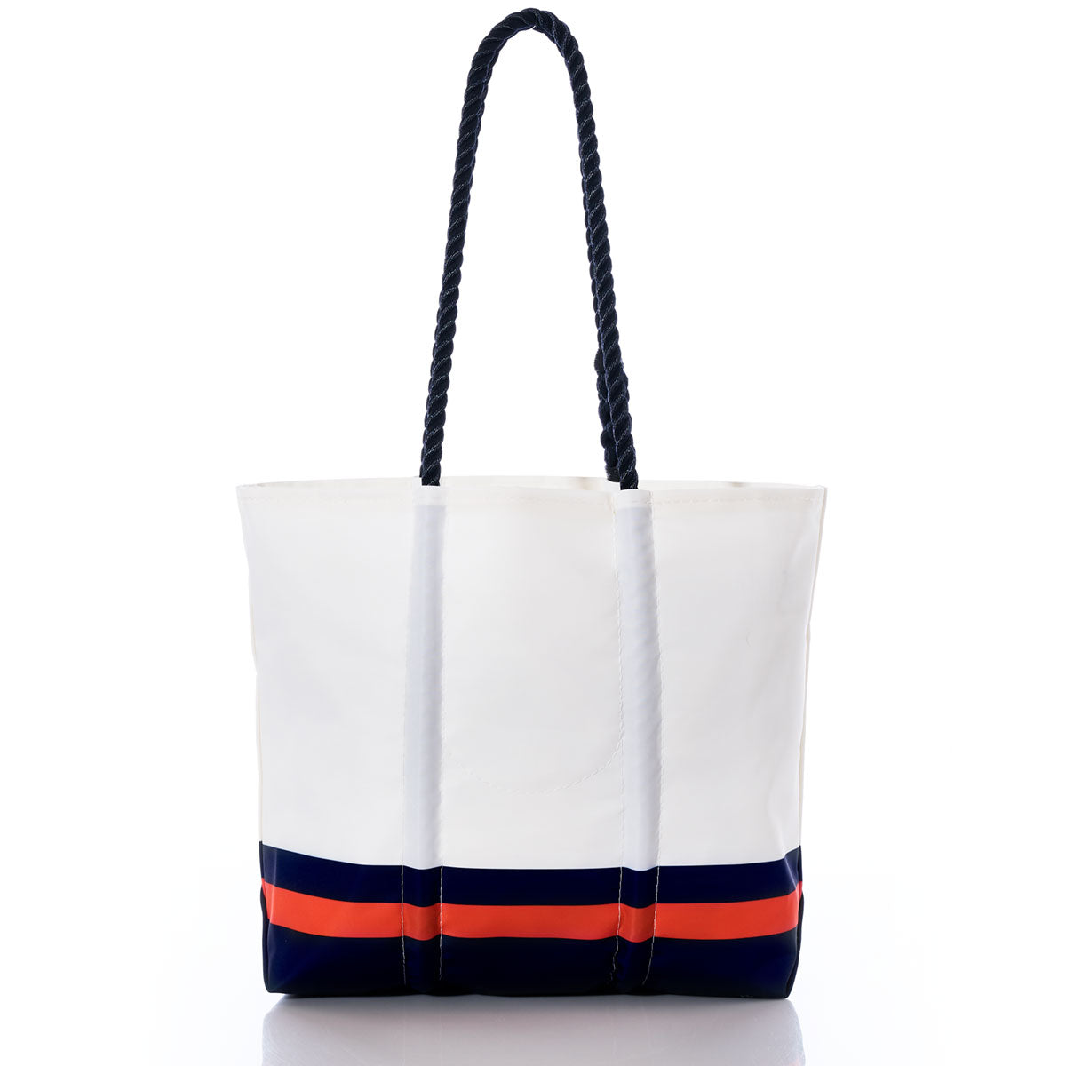 The Sea Bags Chicago Bears Medium Tote, crafted from recycled sail cloth and inspired by the classic Chicago Bears tote style, features two black rope handles and navy and orange horizontal stripes near the bottom; it is photographed on a white background. by Sea Bags