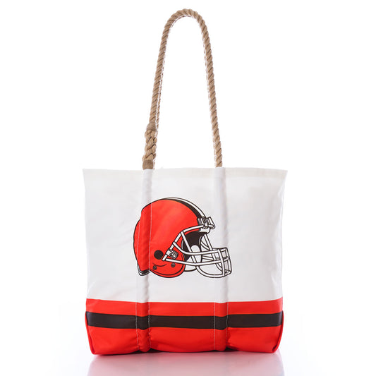 The Cleveland Browns Medium Tote by Sea Bags is a white and orange sail cloth bag featuring a football helmet graphic and sturdy rope handles, shown against a white background. This durable tote combines team spirit with practical style, making it ideal for fans. by Sea Bags