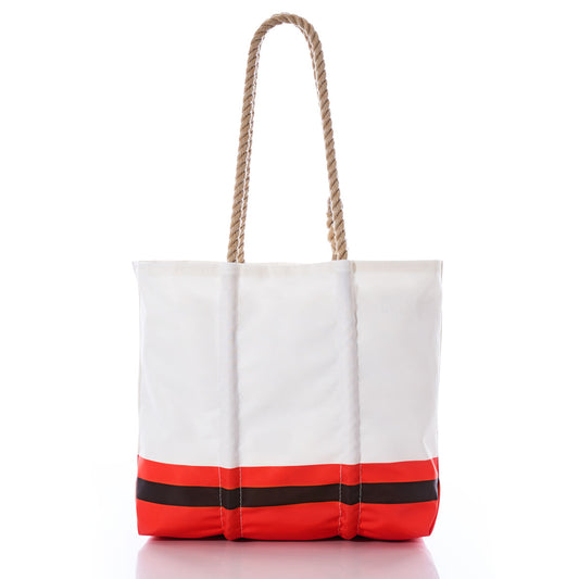 The Cleveland Browns Medium Tote by Sea Bags, designed in the style of a durable sail cloth bag, features rope handles and displays red and black horizontal stripes near the bottom, shown here against a white background. by Sea Bags