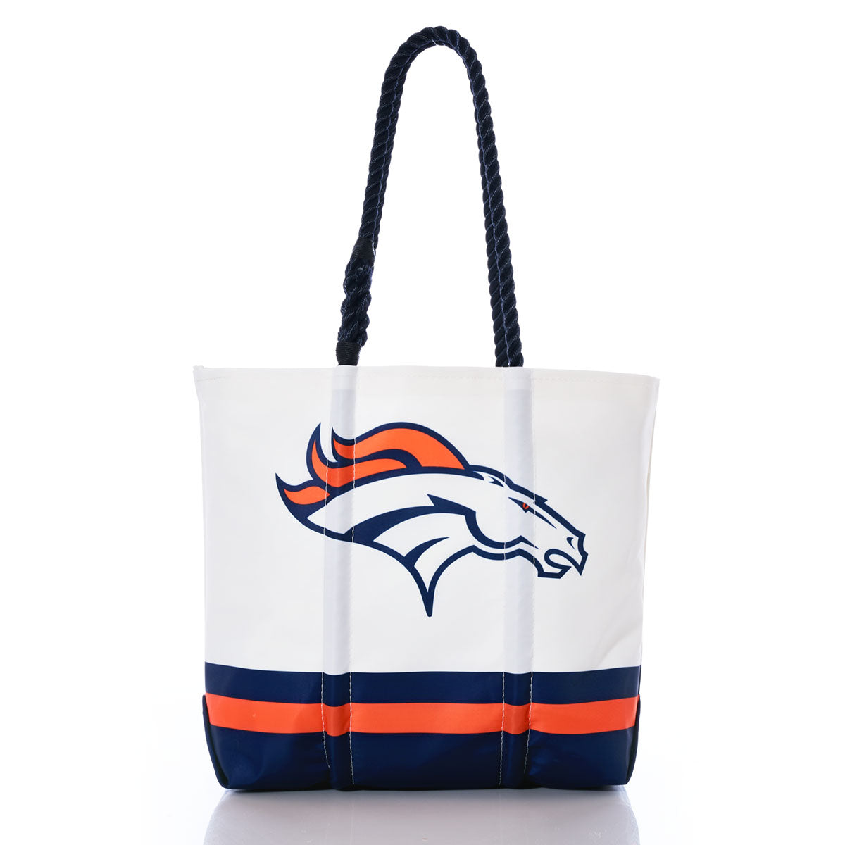 The Denver Broncos Medium Tote by Sea Bags is a white bag with navy handles, crafted from recycled sail cloth and featuring the team logo along with bold orange and navy stripes near the bottom—an ideal choice for fans looking for a standout NFL accessory. by Sea Bags